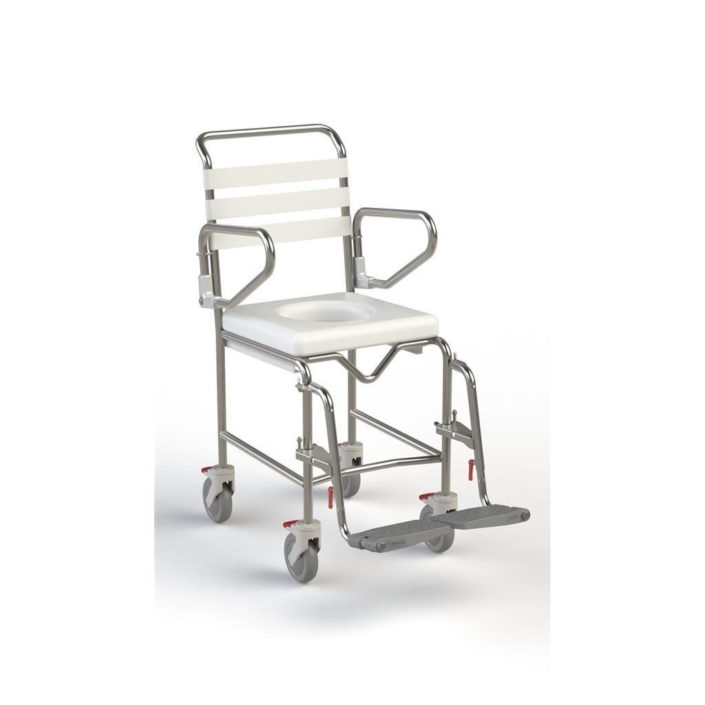 KCare Attendant Propelled Shower Commode with Swing-Up Arms and Swingaway Footrest 400mm