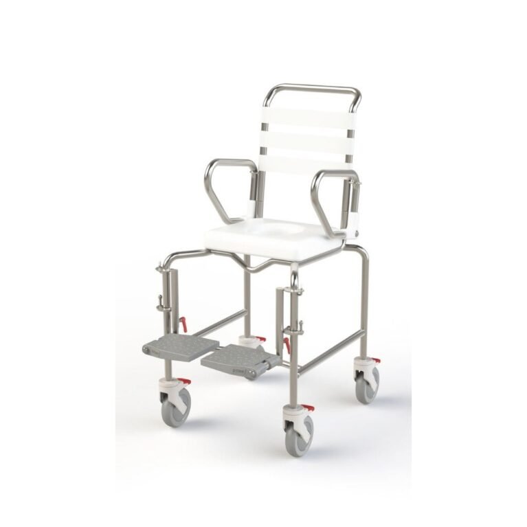 KCare Attendant Propelled Shower Commode with Swing-Up Arms and Swingaway Footrest 320mm