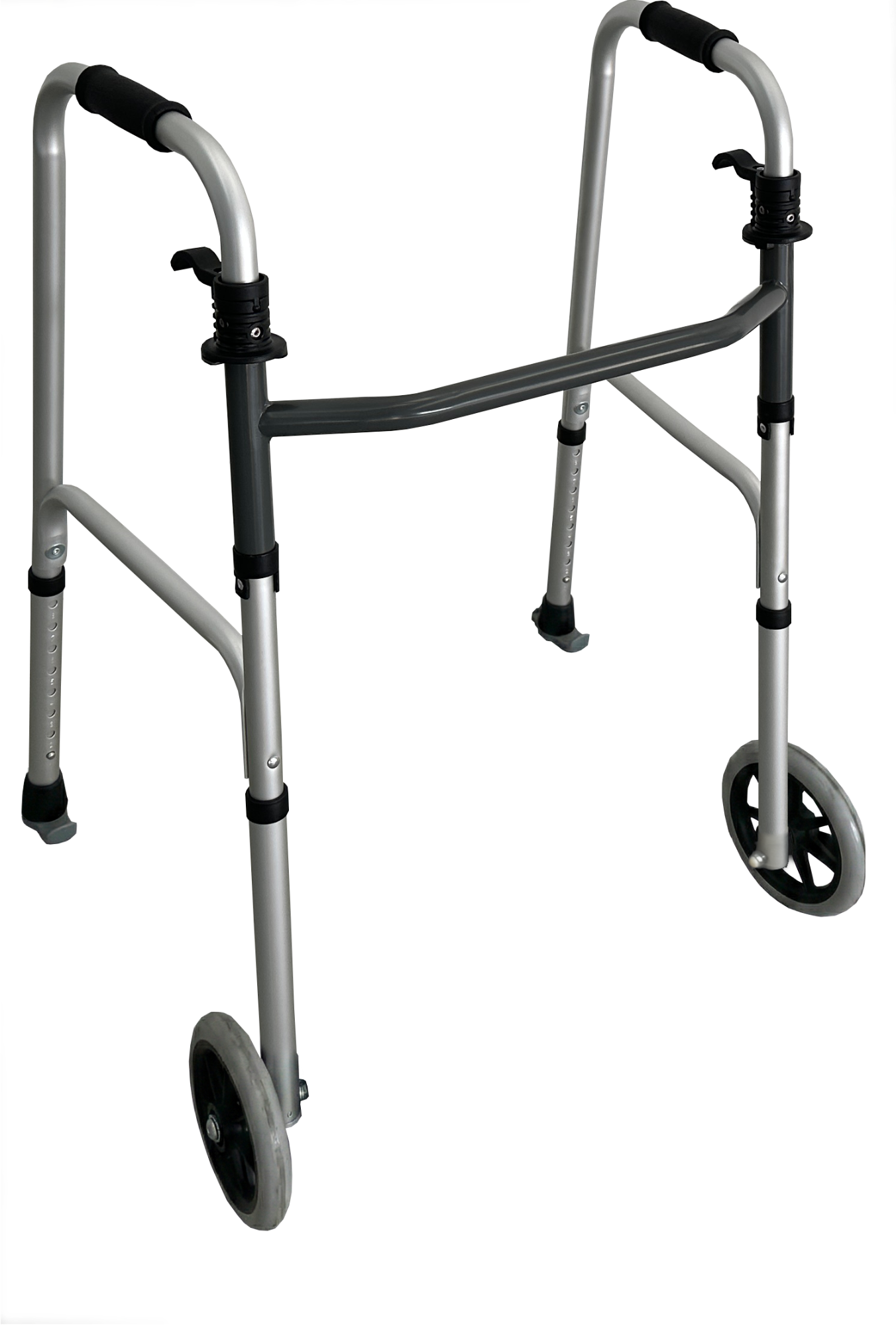 Walking frame, fixed whls, glides, folding alum, alum